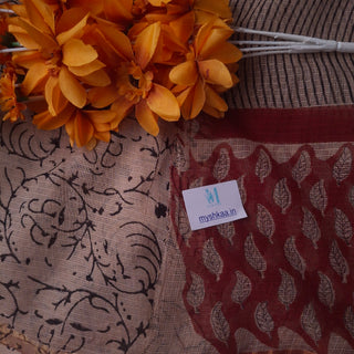 Hand Block Print Kota Doria Cotton Saree with Zari border and Unstitched Blouse Piece