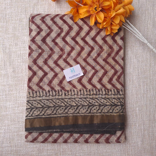 Hand Block Print Kota Doria Cotton Saree with Zari border and Unstitched Blouse Piece