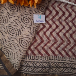 Hand Block Print Kota Doria Cotton Saree with Zari border and Unstitched Blouse Piece