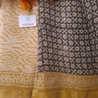 Hand Block Print Kota Doria Cotton Saree with zari border and unstitched Blouse Piece