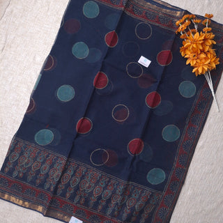 Hand Block Print Kota Doria Cotton Saree with zari border and unstitched Blouse Piece