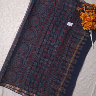 Hand Block Print Kota Doria Cotton Saree with zari border and unstitched Blouse Piece