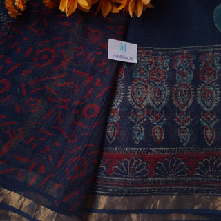 Hand Block Print Kota Doria Cotton Saree with zari border and unstitched Blouse Piece