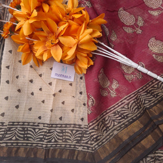 Hand Block Print Kota Doria Cotton Saree with zari border and unstitched Blouse Piece