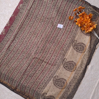 Hand Block Print Kota Doria Cotton Saree with zari border and unstitched Blouse Piece