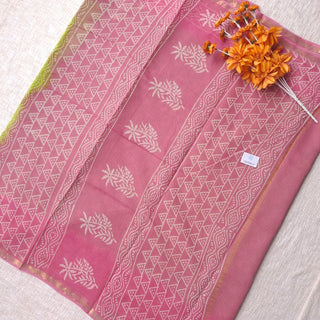Hand Block Print Kota Doria Cotton Saree with zari border and unstitched Blouse Piece