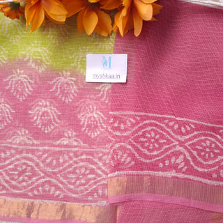 Hand Block Print Kota Doria Cotton Saree with zari border and unstitched Blouse Piece