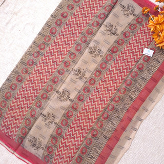 Hand Block Print Kota Doria Cotton Saree with zari border and unstitched Blouse Piece
