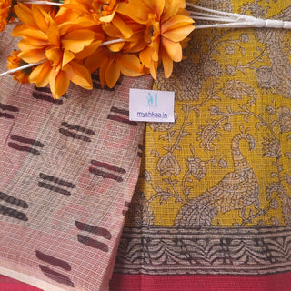 Hand Block Print Kota Doria Cotton Saree with zari border and unstitched Blouse Piece