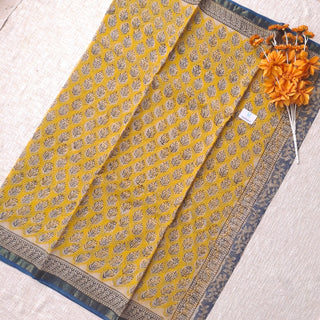 Hand Block Print Kota Doria Cotton Saree with zari border and unstitched Blouse Piece