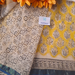 Hand Block Print Kota Doria Cotton Saree with zari border and unstitched Blouse Piece