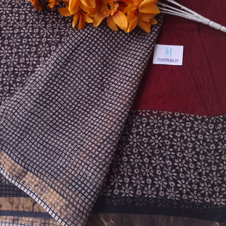 Hand Block Print Kota Doria Cotton Saree with zari border and unstitched Blouse Piece