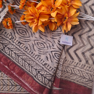 Hand Block Print Kota Doria Cotton Saree with zari border and unstitched Blouse Piece
