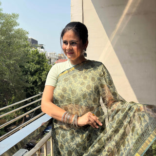 Vanaspati Ajrakh Hand Block Print Kota Doria Cotton Saree with Zari border and Unstitched Blouse Piece