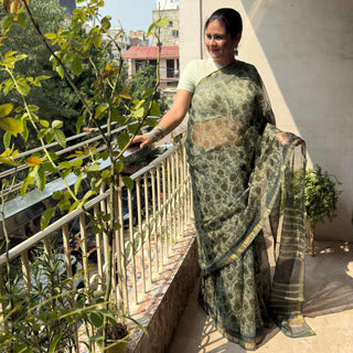 Vanaspati Ajrakh Hand Block Print Kota Doria Cotton Saree with Zari border and Unstitched Blouse Piece