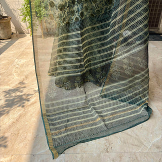 Vanaspati Ajrakh Hand Block Print Kota Doria Cotton Saree with Zari border and Unstitched Blouse Piece