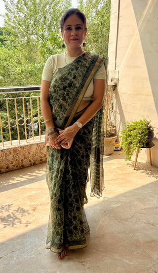 Vanaspati Ajrakh Hand Block Print Kota Doria Cotton Saree with Zari border and Unstitched Blouse Piece