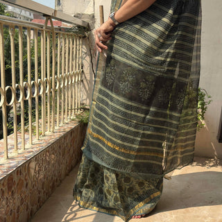 Vanaspati Ajrakh Hand Block Print Kota Doria Cotton Saree with Zari border and Unstitched Blouse Piece