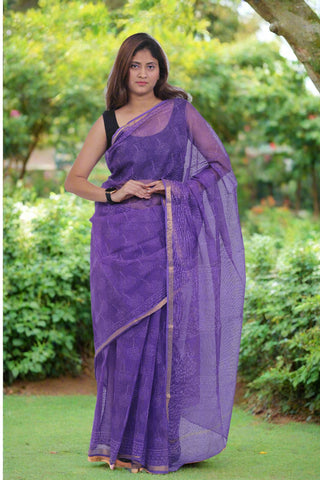 Purple Office Wear Kota Doria Cotton Saree with Unstitched Blouse Piece