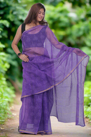 Purple Office Wear Kota Doria Cotton Saree with Unstitched Blouse Piece