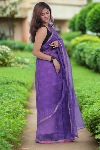 Purple Office Wear Kota Doria Cotton Saree with Unstitched Blouse Piece