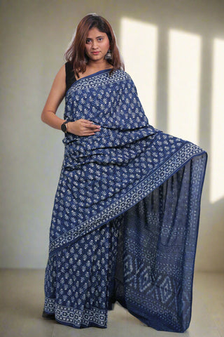 Blue Hand Block Print Cotton Saree with Unstitched Blouse Piece