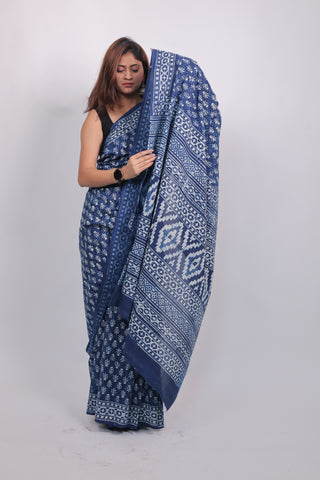 Blue Hand Block Print Cotton Saree with Unstitched Blouse Piece