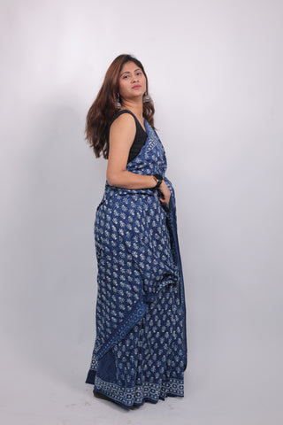 Blue Hand Block Print Cotton Saree with Unstitched Blouse Piece