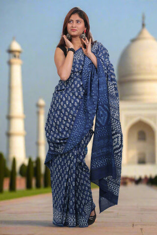 Blue Hand Block Print Cotton Saree with Unstitched Blouse Piece