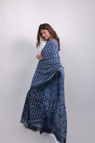 Blue Hand Block Print Cotton Saree with Unstitched Blouse Piece