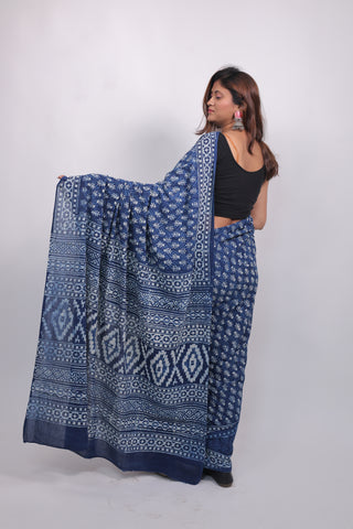 Blue Hand Block Print Cotton Saree with Unstitched Blouse Piece