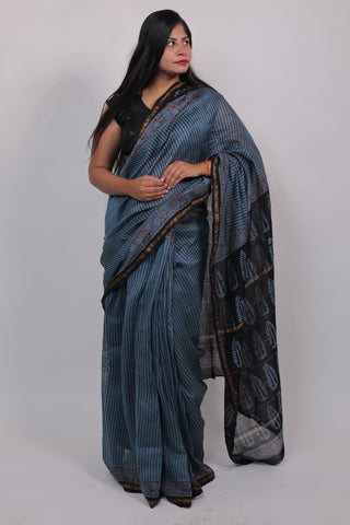 Blue Office Wear Chanderi Silk Saree with Unstitched Blouse Piece