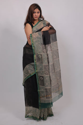 Black Hand Block Printed Kota Doria Cotton Saree with Unstitched Blouse Piece