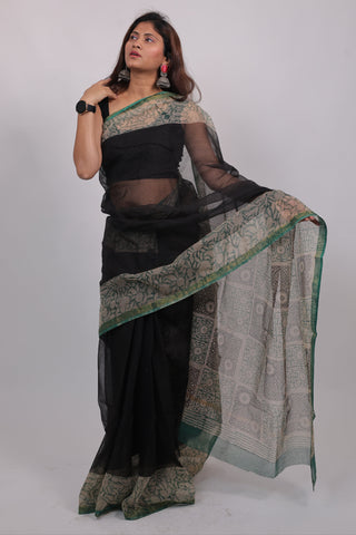 Black Hand Block Printed Kota Doria Cotton Saree with Unstitched Blouse Piece