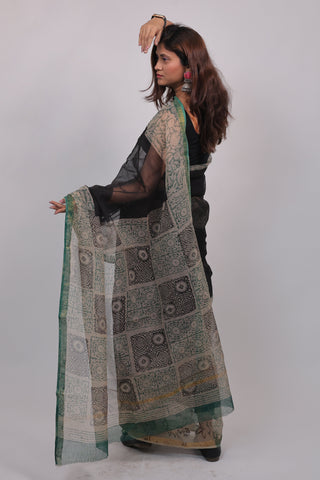 Black Hand Block Printed Kota Doria Cotton Saree with Unstitched Blouse Piece