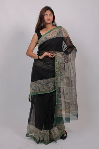 Black Hand Block Printed Kota Doria Cotton Saree with Unstitched Blouse Piece