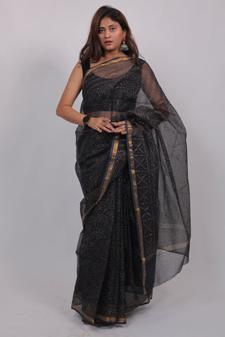 Black Hand Block Print Kota Doria Cotton Saree (Gold Work) with Unstitched Blouse Piece