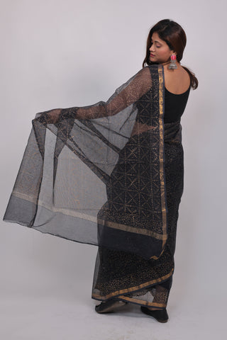 Black Hand Block Print Kota Doria Cotton Saree (Gold Work) with Unstitched Blouse Piece