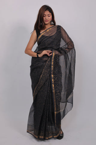 Black Hand Block Print Kota Doria Cotton Saree (Gold Work) with Unstitched Blouse Piece