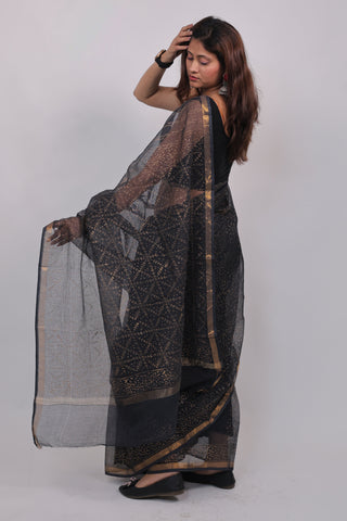 Black Hand Block Print Kota Doria Cotton Saree (Gold Work) with Unstitched Blouse Piece