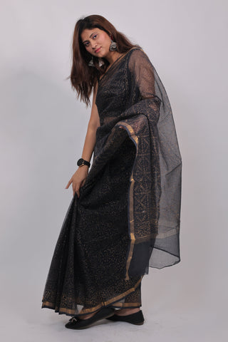 Black Hand Block Print Kota Doria Cotton Saree (Gold Work) with Unstitched Blouse Piece