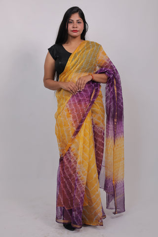 Yellow Leheriya Kota Doria Cotton Saree with Unstitched Blouse Piece