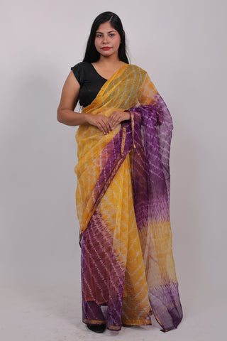 Yellow Leheriya Kota Doria Cotton Saree with Unstitched Blouse Piece