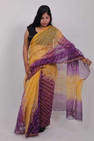 Yellow Leheriya Kota Doria Cotton Saree with Unstitched Blouse Piece