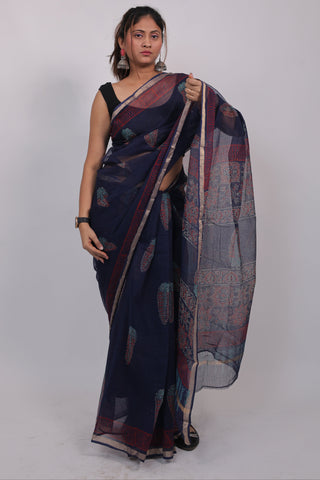 Dark Blue Ajrakh Print Kota Doria Cotton Saree with Unstitched Blouse Piece