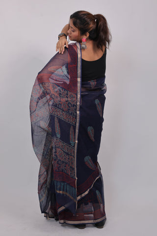 Dark Blue Ajrakh Print Kota Doria Cotton Saree with Unstitched Blouse Piece