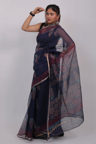 Dark Blue Ajrakh Print Kota Doria Cotton Saree with Unstitched Blouse Piece