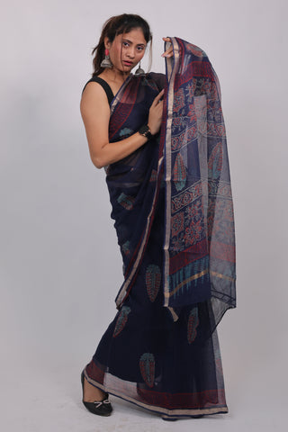 Dark Blue Ajrakh Print Kota Doria Cotton Saree with Unstitched Blouse Piece