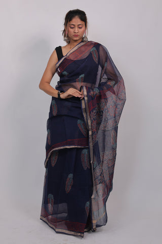 Dark Blue Ajrakh Print Kota Doria Cotton Saree with Unstitched Blouse Piece