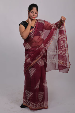 Burgundy Hand Block Print Kota Doria Cotton Saree with Unstitched Blouse Piece